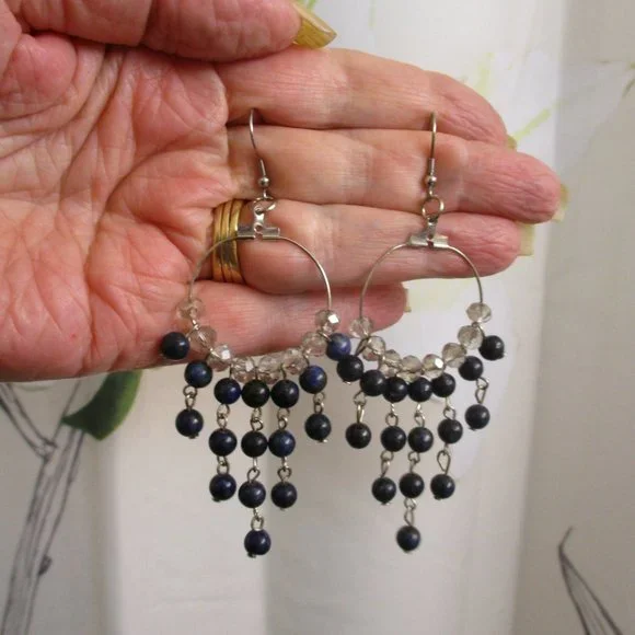 Etruscan Style Midnight Blue Silver Fringe Necklace Earrings Set Vintage - Picture 12 of 13